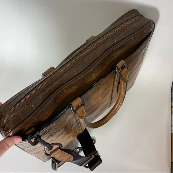 Coach Brown Croc-Embossed Laptop Bag - Picture 12 of 14